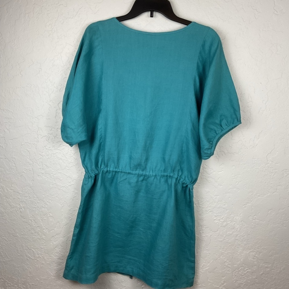 Uncle Frank Turquoise Drawstring Linen Tunic Dress Embroidered Parrots Sz Large - Picture 2 of 7